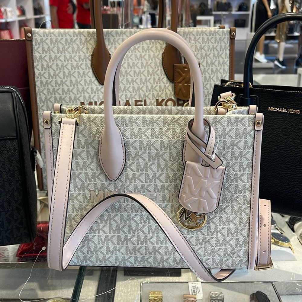 Michael Kors Mirella Small Shopper Top Zip Crossbody Bag Powder Blush Multi Logo